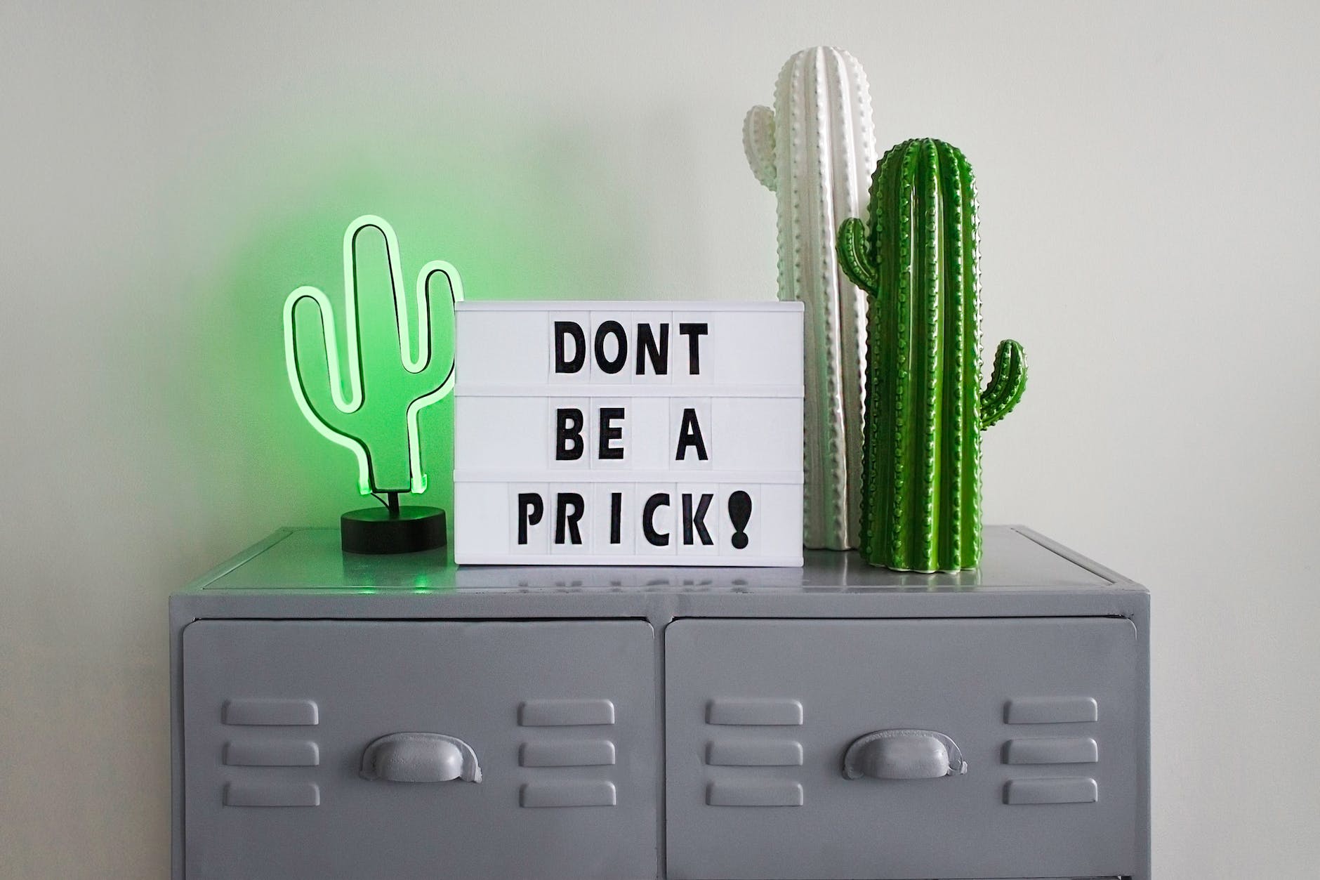 A sign next to cactus that says "don't be a prick"