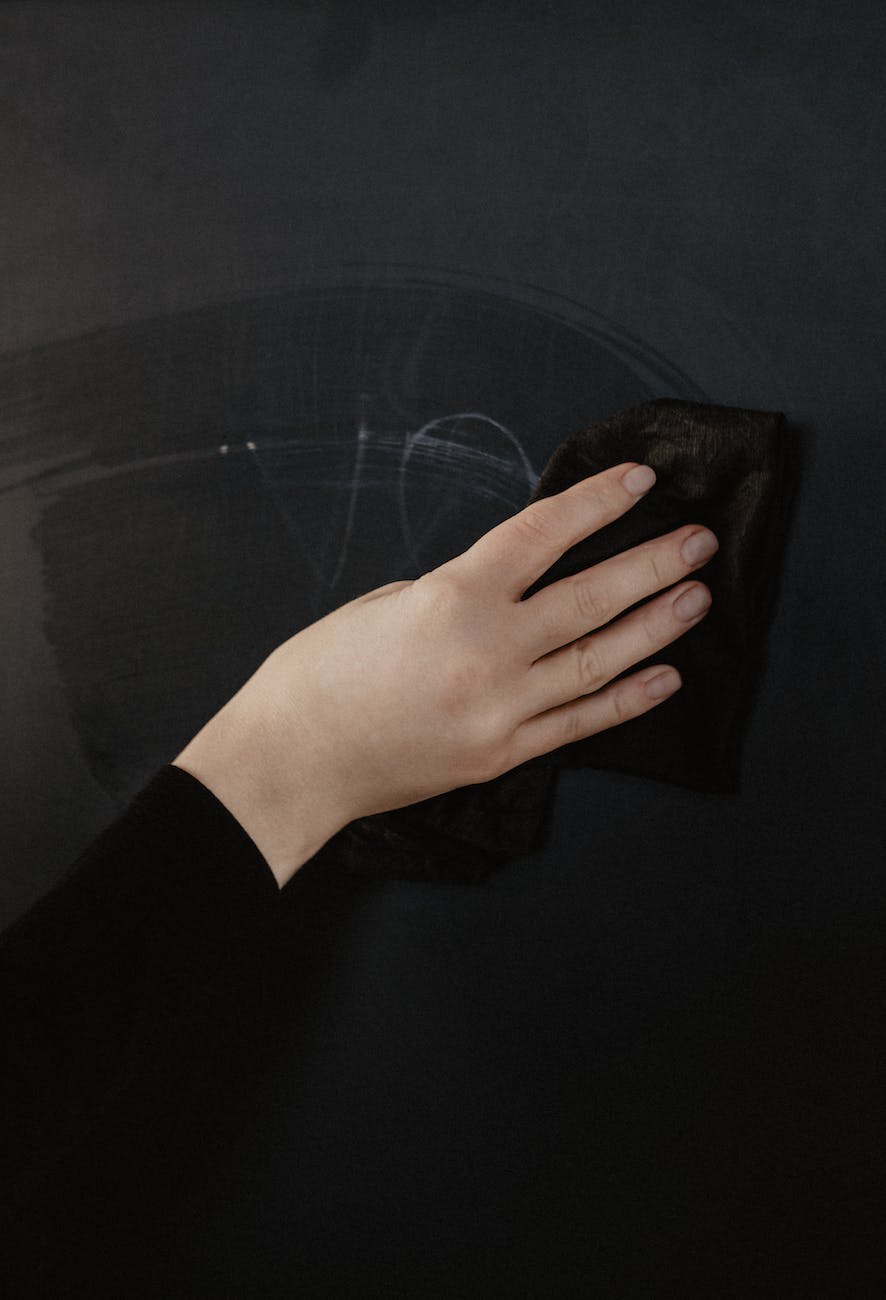 Hand erasing chalk from a chalkboard