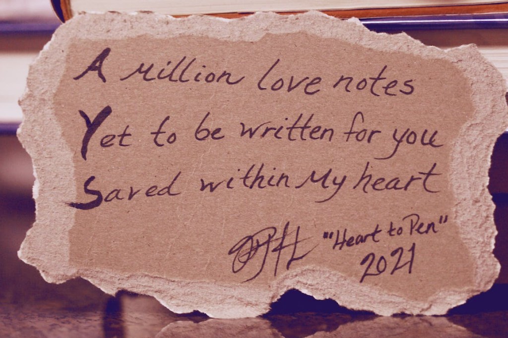 Haiku that reads "a million love notes yet to be written for you saved within my heart"